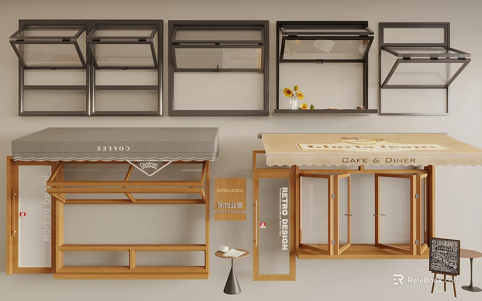 Various Stylish Window Designs with Awning and Wooden Frames for Cafe Facade 3d model 