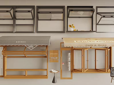 Various Stylish Window Designs with Awning and Wooden Frames for Cafe Facade 3d model