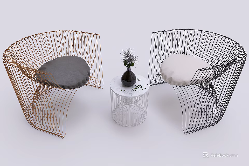 Leisure Sofa Set Featuring Woven Metal Frame Gold Black Gray White Cushions And Small Table 3d model 