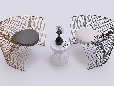 Leisure Sofa Set Featuring Woven Metal Frame Gold Black Gray White Cushions And Small Table 3d model