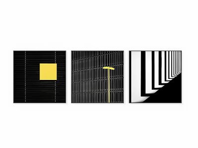 Three Abstract Geometric Artworks With Black White Patterns And Yellow Accents 3d model