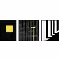 Three Abstract Geometric Artworks With Black White Patterns And Yellow Accents