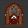 Vintage Headphone Speaker Featuring Red Wooden Case Arched Top Mesh Panel Dial And Green Buttons