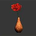 Beautiful Red Carnation In Brown Textured Vase On Black Surface With Gray Background