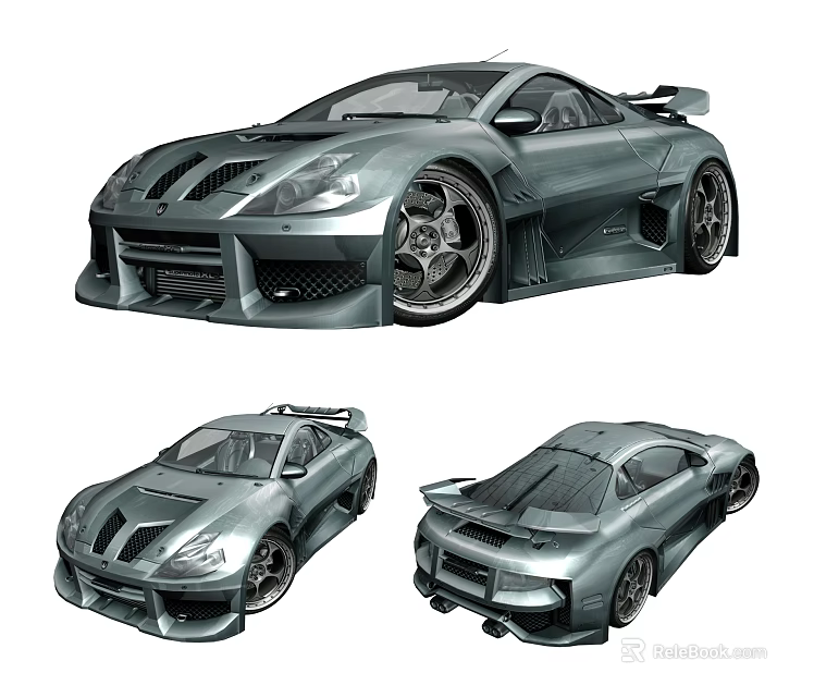 Silver Modified Sports Car With Aerodynamic Body Kit Rear Spoiler And Alloy Wheels 3d model 