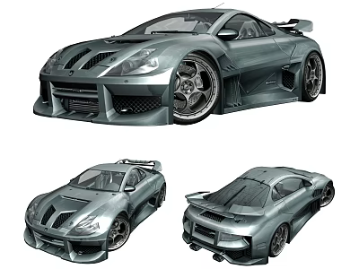 Silver Modified Sports Car With Aerodynamic Body Kit Rear Spoiler And Alloy Wheels 3d model