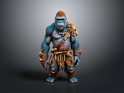 Blue Fur Giant Ape Character With Red Head Bone Decorations And Leather Armor 3d model