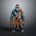 Blue Fur Giant Ape Character With Red Head Bone Decorations And Leather Armor