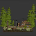 Forest Scene Model With Pine Trees Log Cabin And Wooden Bench