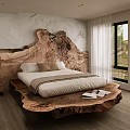 Rustic Bedroom Interior With Wooden Stump Headboard Bed Pillows Bookshelves Textured Wall And Hanging Lamp