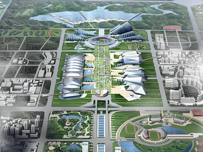 Modern Large Swimming Pool Complex with Surrounding Green Park and Urban Buildings 3d model