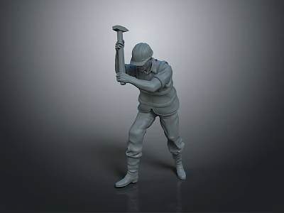 3D Model of Construction Worker Wearing Safety Helmet Holding Hammer in Striking Pose 3d model