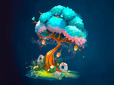 Vibrant Tree with Turquoise Pink Leaves Orange Trunk and Small Stones Green Plants Around 3d model
