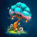 Vibrant Tree with Turquoise Pink Leaves Orange Trunk and Small Stones Green Plants Around