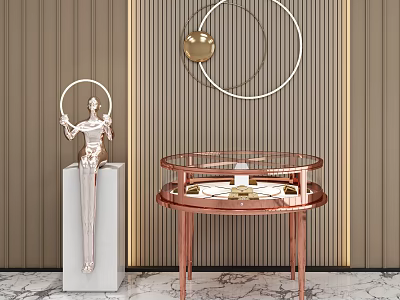 Modern Circular Display Shelf Design With Rose Gold Frame Glass Top And Marble Floor Decor 3d model