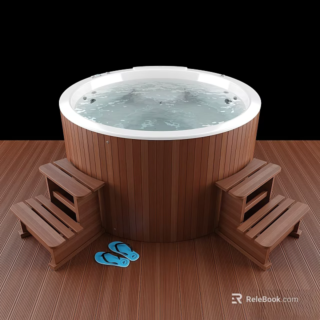 Round Wooden Bathtub With Steps On Wooden Floor And Blue Slippers 3d model 