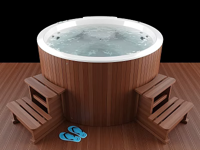 Round Wooden Bathtub With Steps On Wooden Floor And Blue Slippers 3d model