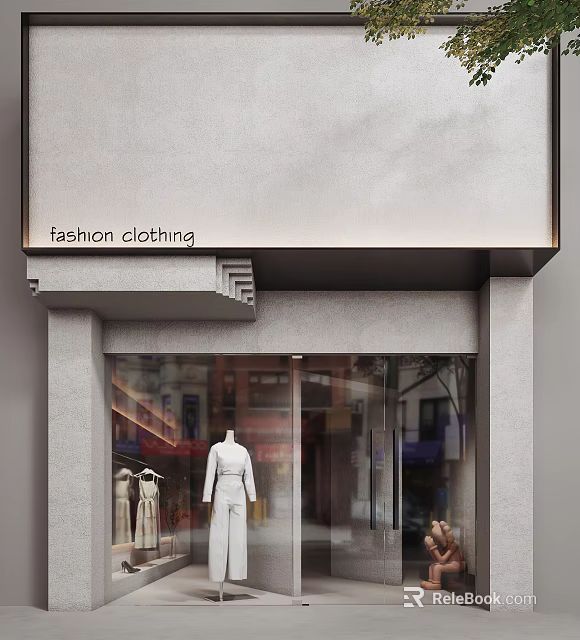 Fashion Clothing Storefront With Gray Facade Glass Window And White Mannequins 3d model 