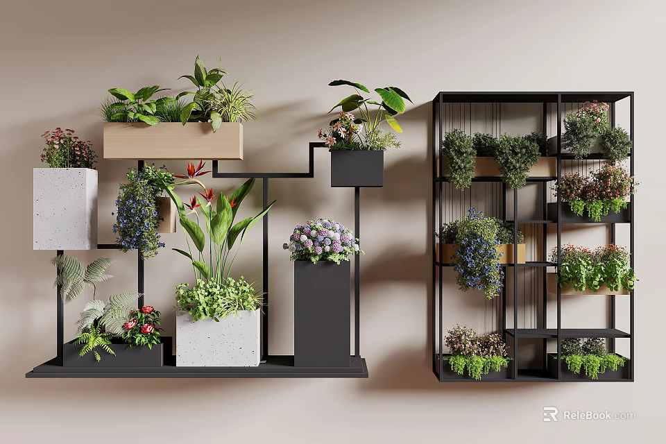 Indoor Plants And Flowers On Wall Mounted Shelves With Black Frames And White Planters 3d model 