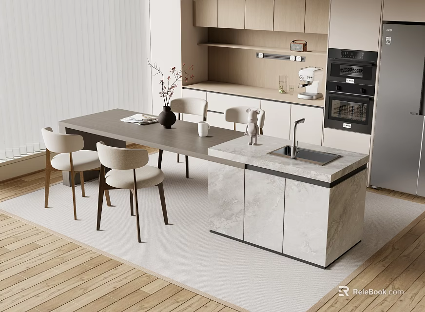 Modern Kitchen Bar with Marble Countertop Sink Cabinets and Dining Table Chairs 3d model 