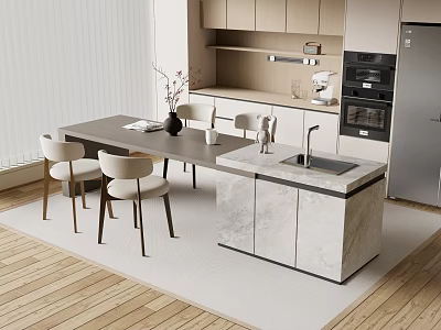 Modern Kitchen Bar with Marble Countertop Sink Cabinets and Dining Table Chairs 3d model