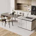 Modern Kitchen Bar with Marble Countertop Sink Cabinets and Dining Table Chairs
