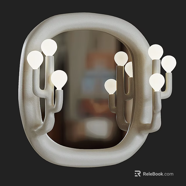 Stylish Oval Mirror With Cactus Shaped Decor And Bright Light Bulbs 3d model 