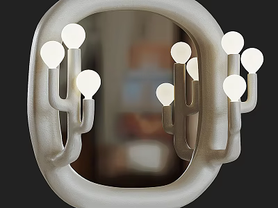 Stylish Oval Mirror With Cactus Shaped Decor And Bright Light Bulbs 3d model