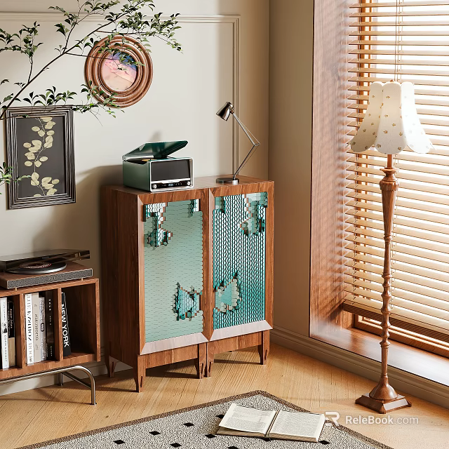 Wooden Storage Cabinet With Glass Doors And Green Butterfly Patterns In Living Room Decor 3d model 