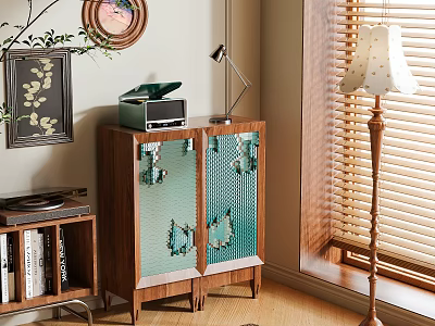 Wooden Storage Cabinet With Glass Doors And Green Butterfly Patterns In Living Room Decor 3d model