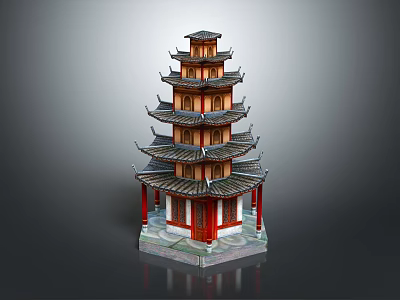 Traditional Chinese Pagoda Architecture With Multiple Tiers Curved Eaves And Red Pillars 3d model