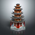 Traditional Chinese Pagoda Architecture With Multiple Tiers Curved Eaves And Red Pillars