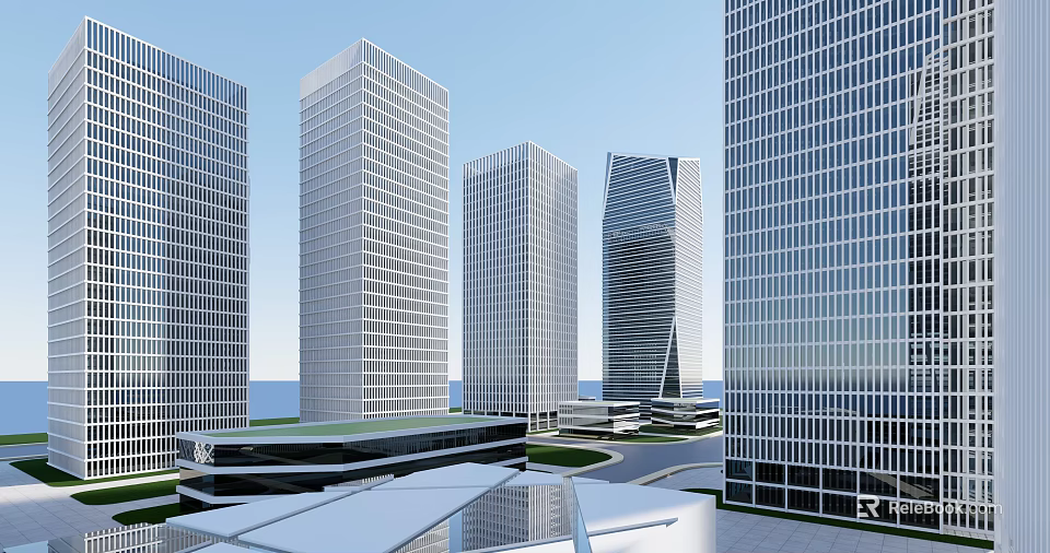 Modern High Rise Office Buildings With Glass Facades And Urban Landscape 3d model 