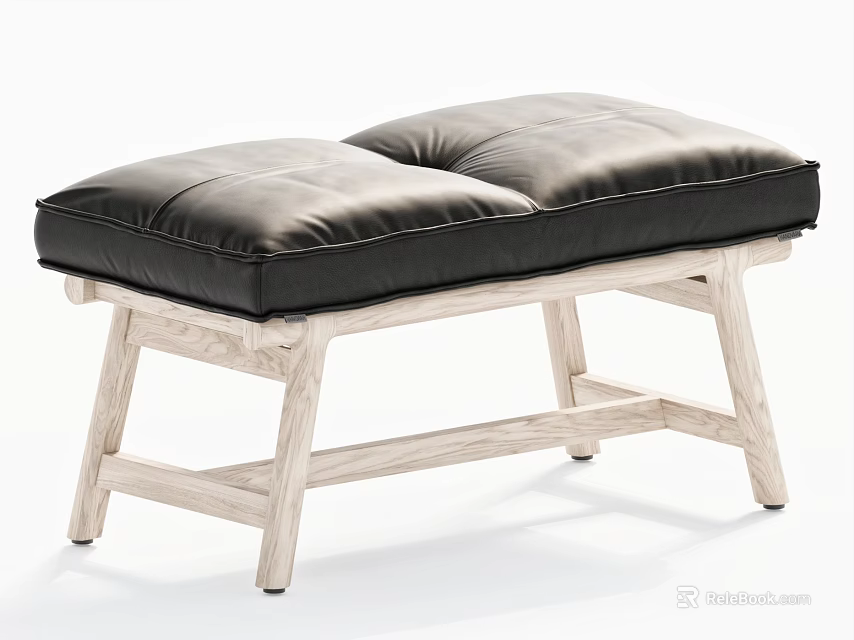Modern Minimalist Stool Featuring Light Wooden Frame And Black Padded Seat 3d model 