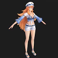 Woman with White Hat Orange Long Hair Blue White Top White Shorts Sandals Arms Outstretched