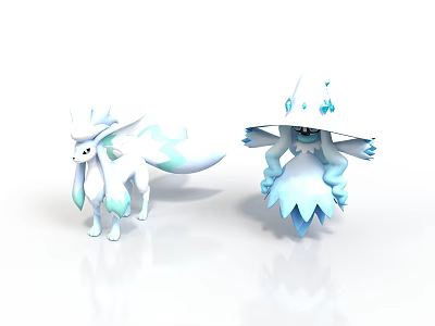 Two White Blue Cartoon Characters With Fluffy Tail Fox And Ice Crystal Hat Decorations 3d model