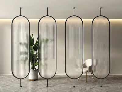 Arched Room Dividers With Black Frames Clear Vertical Stripes Modern Interior Green Plant White Chair 3d model