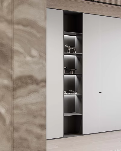 Modern Entryway Side Cabinet Design With Illuminated Shelves Decor Items And Storage Space 3d model