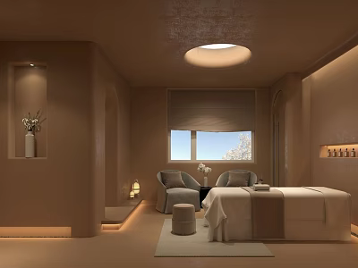 Serene SPA Sauna Interior With Massage Bed Cozy Chairs Soft Lighting And Relaxing Wellness Space 3d model