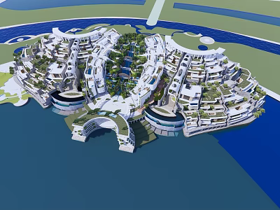 Unique Modern Island Hotel Building With Green Vegetation And Waterfront Unique Architecture Design 3d model