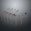 Modern Outdoor Lighting Fixture Set With Multiple Pole Mounted Lamps And Metal Supports