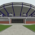 Modern Stadium Design Featuring Large Curved Roof Blue Steel Supports And Seating Areas
