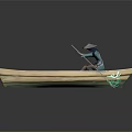 Traditional Wooden Boat With Person In Conical Hat Paddling On Calm Water
