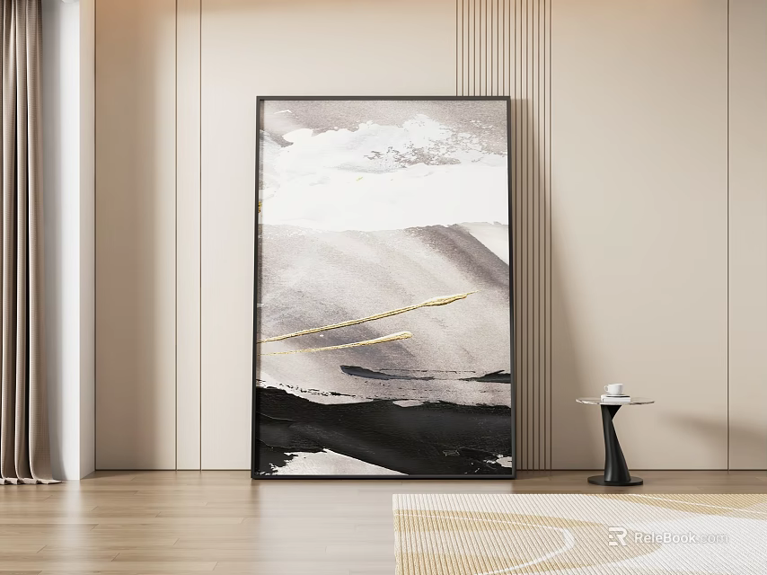Modern Abstract Painting With Black White Gray Tones And Golden Lines Hanging On Beige Wall In Minimalist Room 3d model 