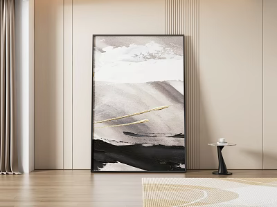 Modern Abstract Painting With Black White Gray Tones And Golden Lines Hanging On Beige Wall In Minimalist Room 3d model
