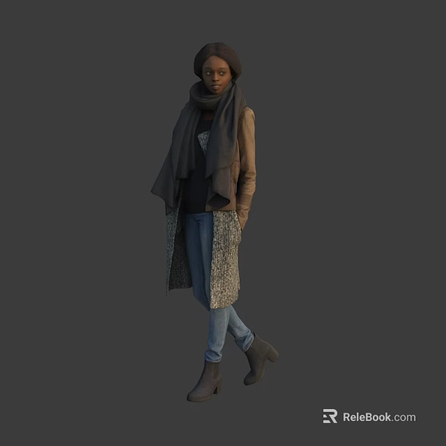 Stylish Woman Wearing Long Coat Gray Scarf Jeans And Brown Boots Standing Casually 3d model 