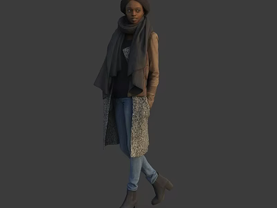 Stylish Woman Wearing Long Coat Gray Scarf Jeans And Brown Boots Standing Casually 3d model