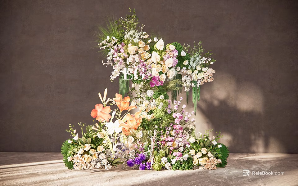 Artistic Floral Display Featuring Various Colorful Flowers Greenery And Three Dimensional Design 3d model 