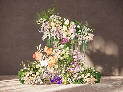 Artistic Floral Display Featuring Various Colorful Flowers Greenery And Three Dimensional Design 3d model