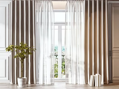 Modern White and Beige Curtains with Sheer Layer Interior Large Window Potted Plant and Books 3d model